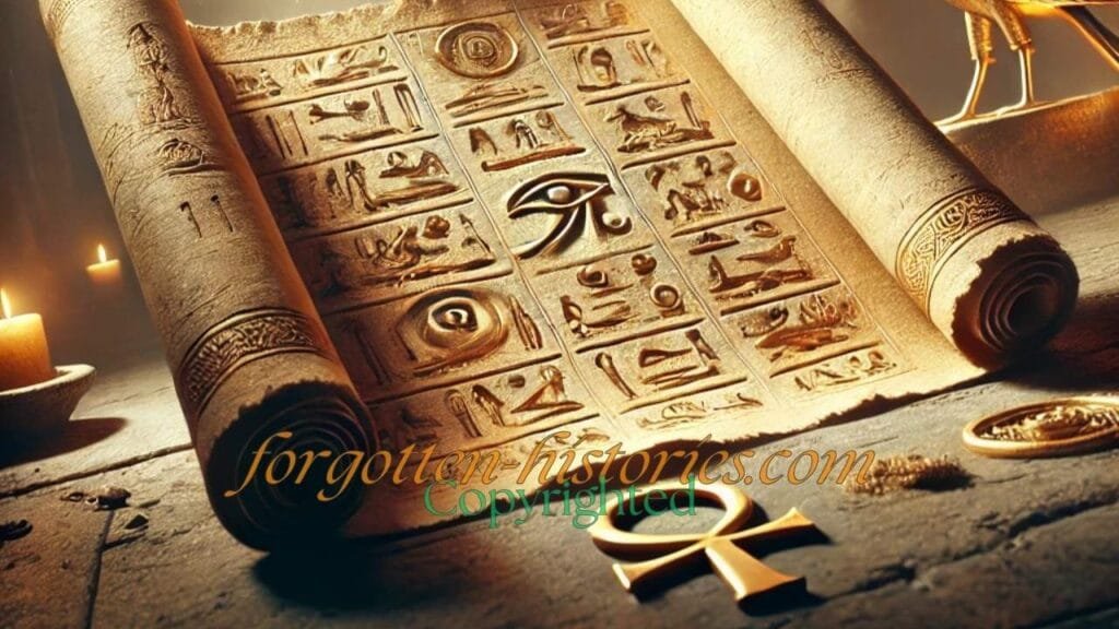 An ancient scroll partially unrolled, glowing with a soft golden light, rests on a stone altar in an ancient Egyptian or Atlantean temple. The scroll is covered with mystical symbols and hieroglyphics, symbolizing wisdom and mystery. Nearby, an ibis feather and a stylized ankh represent the Egyptian god Thoth. The atmosphere is dim and dusty, with inscriptions faintly visible on the temple walls, adding an air of ancient mystique.