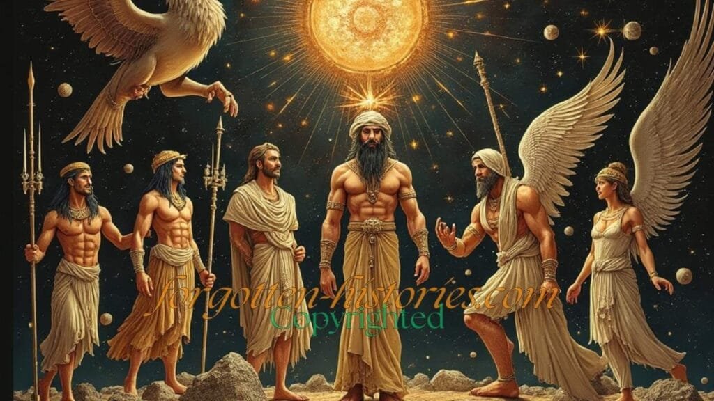 "An elaborate illustration of Mesopotamian deities gathered together. In the center, Anu, the sky god, sits on a throne with a horned crown. Enlil, the wind god, stands nearby with symbols of wind and storms. Enki, god of water and wisdom, holds a flowing vessel, surrounded by fish and water motifs. Ninhursag, the earth goddess, is depicted with symbols of fertility and life. Inanna, goddess of love and war, is prominent with her symbols of a star and a lion. Marduk, with a dragon and a spade, represents his prominence in Babylonian mythology. Various other lesser gods, demons, and mythical creatures from Mesopotamian lore fill out the scene, all in a style reminiscent of ancient Near Eastern art."