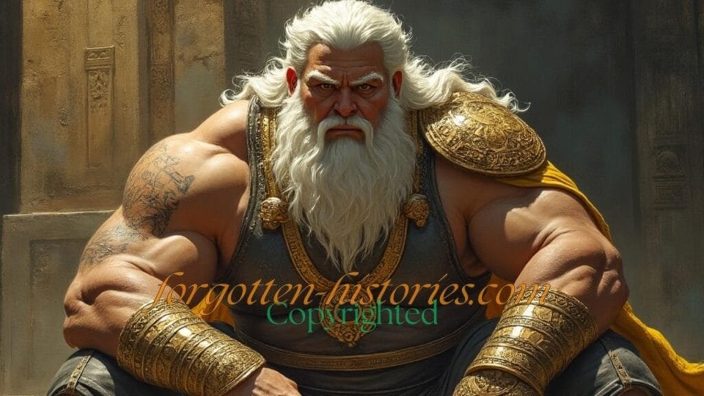 An imposing figure of Gilgamesh, portrayed with the attributes of an Anunnaki. He stands tall and muscular, exuding strength and divine authority. His features are regal, with a stern expression, a full beard, and he might wear a crown or headdress reminiscent of ancient Mesopotamian royalty. His attire could include elements like a long robe, or he might be semi-clad to highlight his physique, emphasizing his heroic and god-like status."