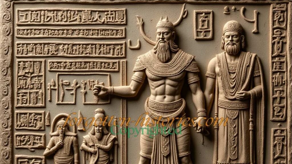 A weathered clay tablet from the Epic of Gilgamesh, inscribed with intricate cuneiform script. Central to the tablet, a scene or figure that could represent Gilgamesh is depicted; this might be him in a heroic stance, perhaps holding a weapon or with a symbol of his royalty. The cuneiform text flows around this central image, narrating parts of Gilgamesh's journey or adventures."