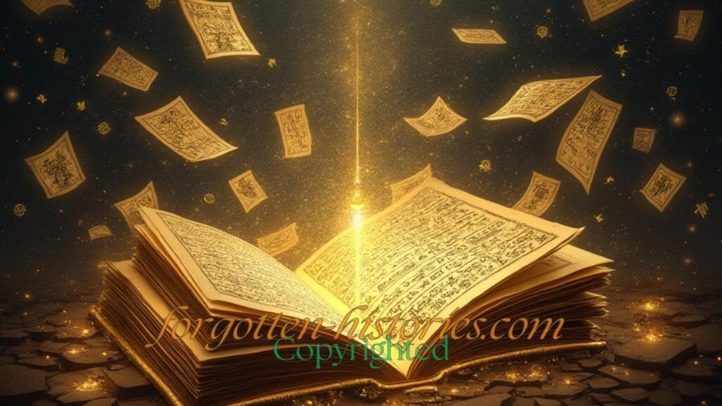 An assembly of forty-two mystical scrolls, each representing one of the Books of Thoth, glowing with gold hieroglyphs, surrounded by ancient Egyptian symbols and floating on a dark, mystical background."