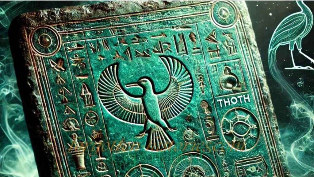 Illustration of the Emerald Tablet, an ancient stone glowing with emerald-green light, inscribed with alchemical symbols and Egyptian motifs symbolizing Thoth's teachings on universal wisdom, spiritual transformation, and cosmic principles."