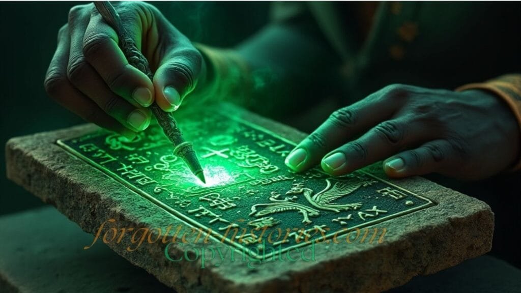 Image depicting a dark-skinned man, symbolizing Thoth, writing on an ancient, glowing emerald-green stone tablet. The tablet is covered in detailed symbols and glyphs representing Hermetic and alchemical knowledge. The setting is dark with mystical smoke, enhancing the atmosphere of ancient mystery and spiritual wisdom, with Egyptian symbols like the ibis integrated into the design."