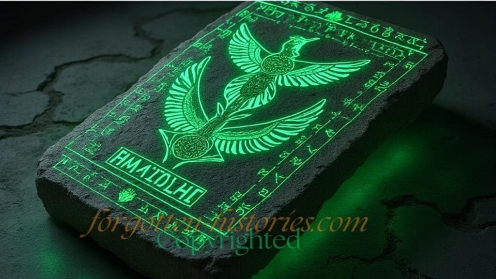 An image of an ancient stone tablet emitting a soft emerald-green glow, adorned with detailed and mysterious symbols and glyphs. The tablet shows signs of age with its worn appearance.