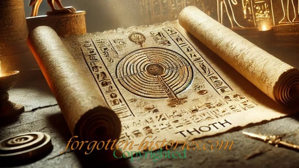 An ancient scroll partially unrolled, glowing with a soft golden light, rests on a stone altar in an ancient Egyptian or Atlantean temple. The scroll is covered with mystical symbols and hieroglyphics, symbolizing wisdom and mystery. Nearby, an ibis feather and a stylized ankh represent the Egyptian god Thoth. The atmosphere is dim and dusty, with inscriptions faintly visible on the temple walls, adding an air of ancient mystique.