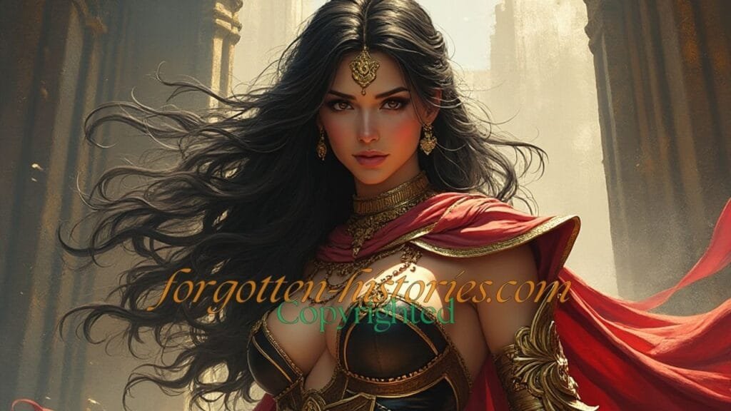 Depiction of Ishtar, an ancient Mesopotamian goddess. She is portrayed with a crown on her head, signifying her divine status. Her attire reflects traditional Mesopotamian fashion, possibly including a long robe with intricate patterns. Her expression is serene yet powerful, capturing her dual nature as both a goddess of love and war."